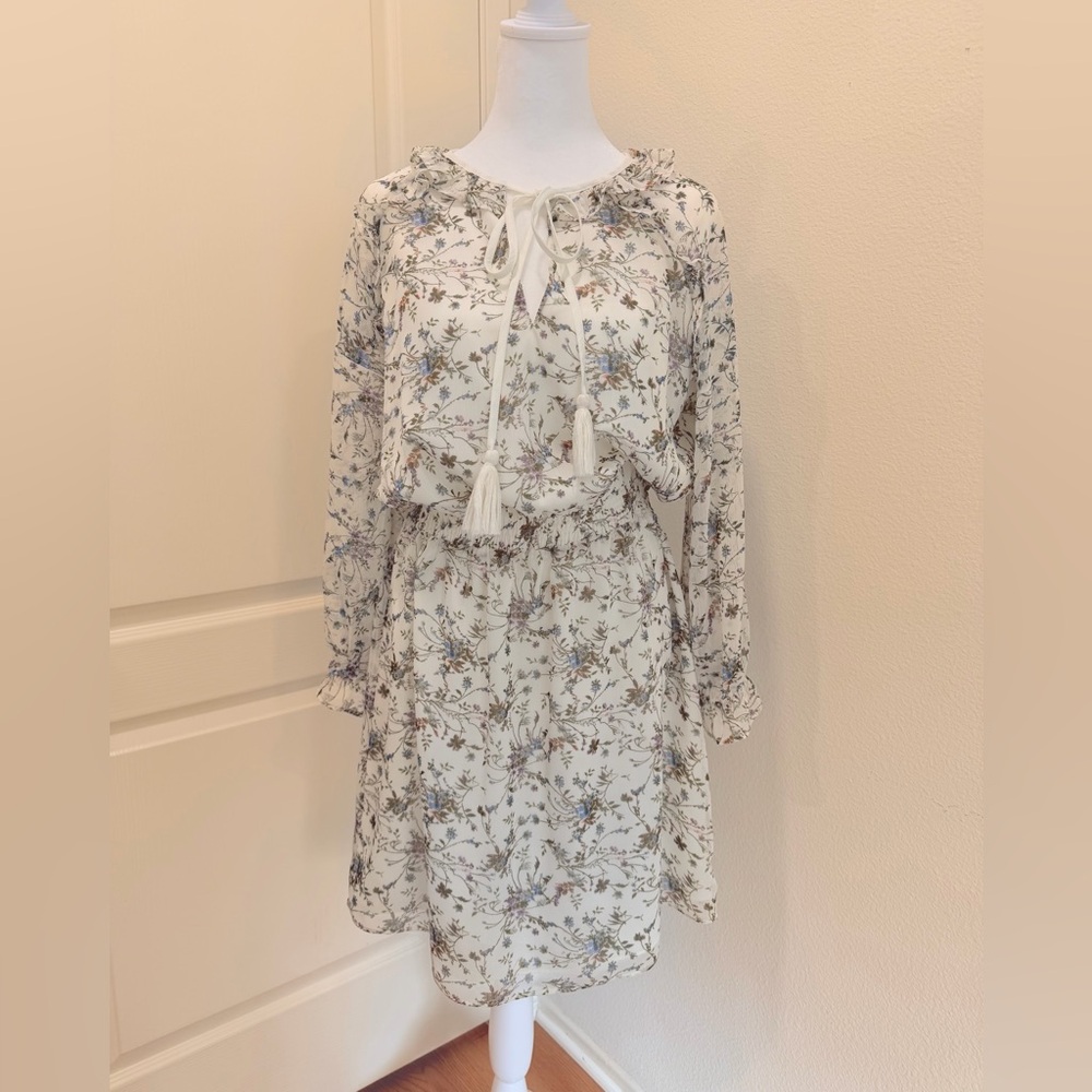 Barneys New York Floral Chiffon Plissé Long Sleeve Boho Blouson Dress Small